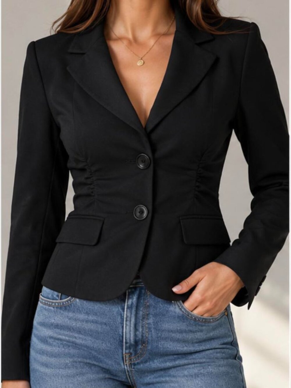 Black Ruched Blazer Jacket – Fitted Two Button Suit Coat
